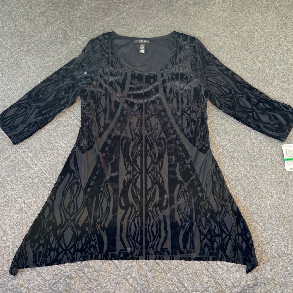 Style & Co Womens Large Black Velvet Burnout Tunic Top Guilded Jewels